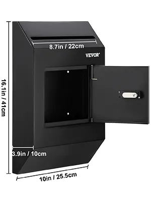 black VEVOR suggestion box with dimensions 16.1in x 10in x 3.9in, featuring a lockable door and mail slot.