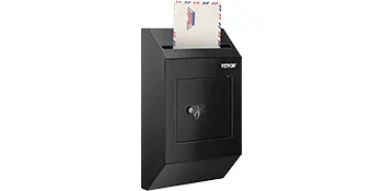 black VEVOR suggestion box with key lock and an envelope inserted at the top.