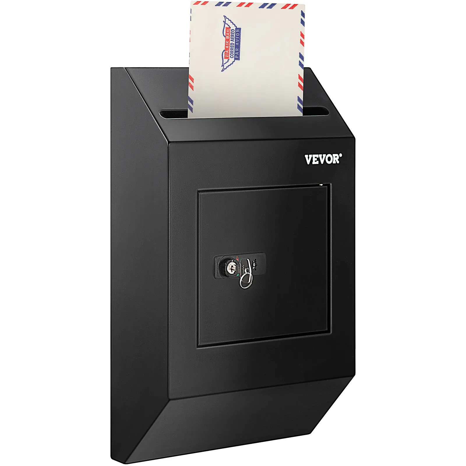 black VEVOR suggestion box with an envelope inserted, featuring a lock and key on the front.