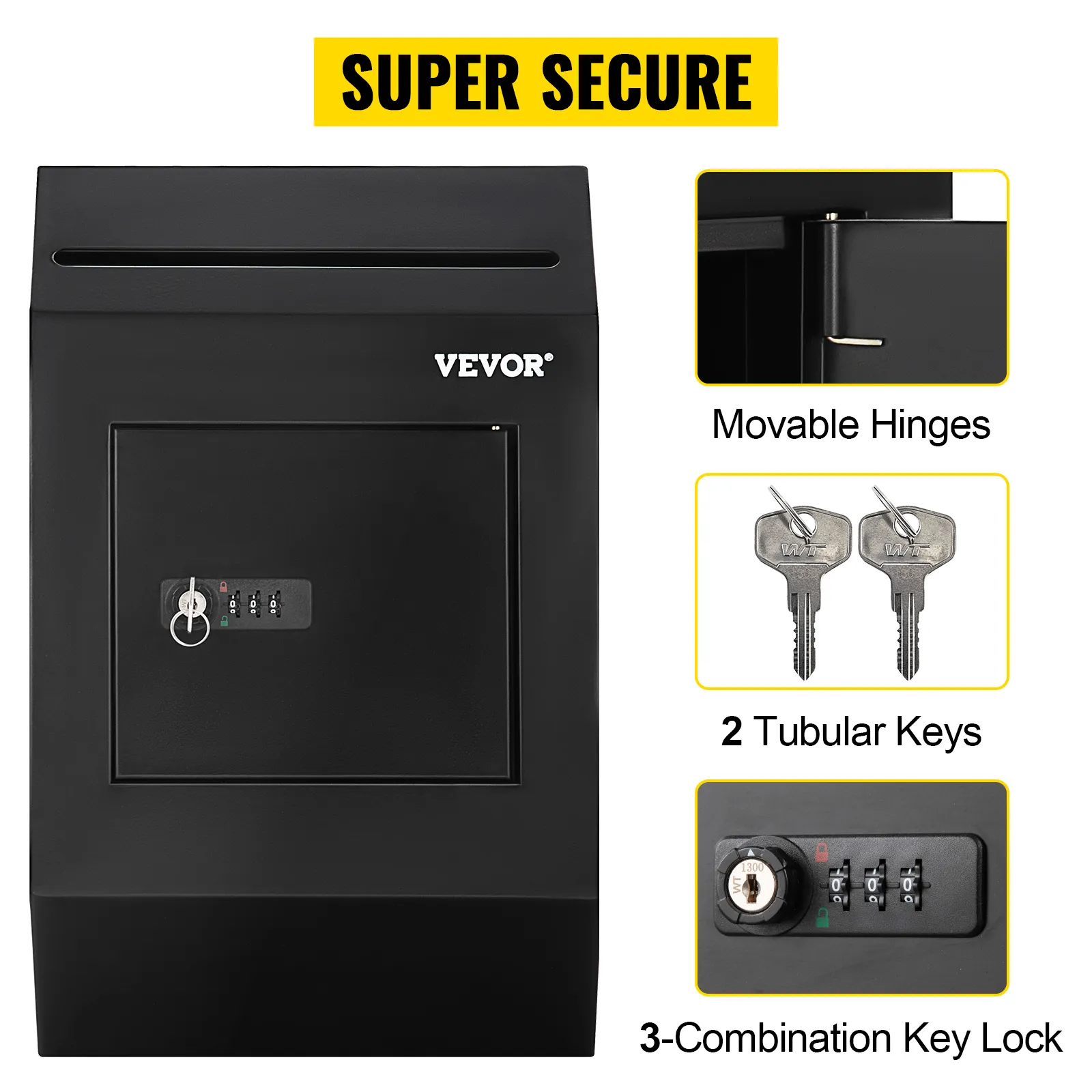 VEVOR suggestion box with movable hinges, 2 tubular keys, and 3-combination key lock. "super secure".