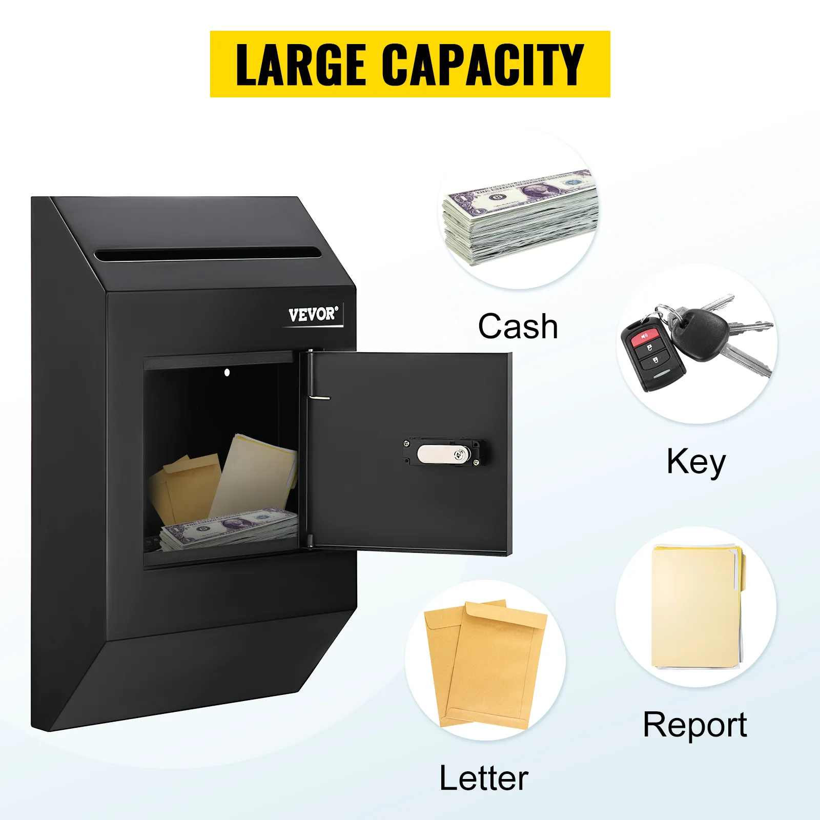 VEVOR suggestion box with a lockable door, showing cash, keys, letters, and a report with large capacity.