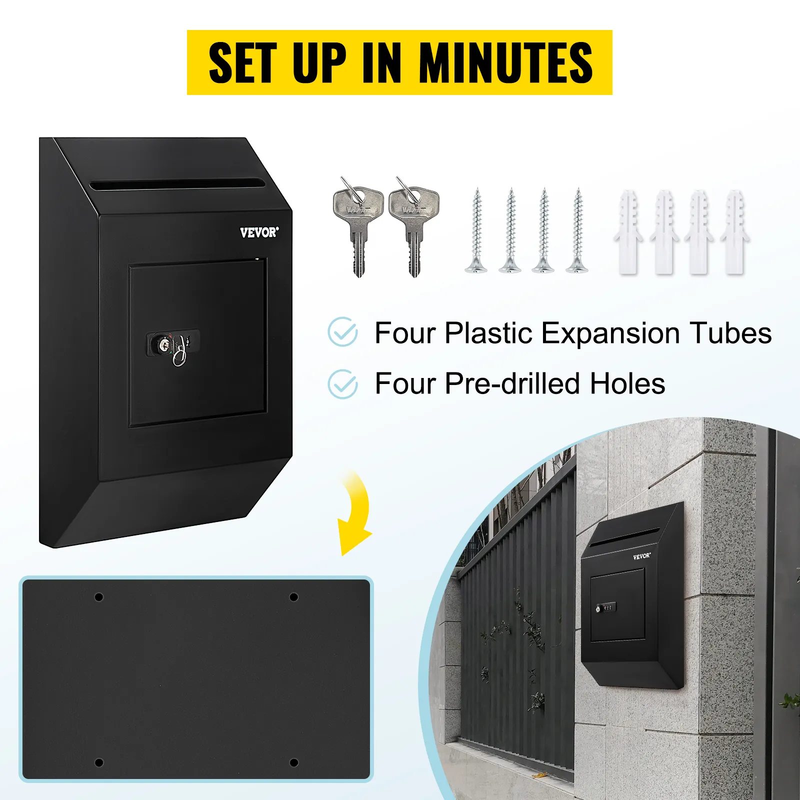 VEVOR suggestion box with keys, screws, and plastic expansion tubes for easy wall mounting.