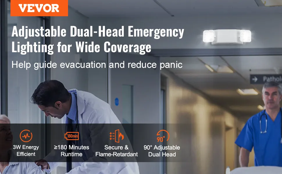 VEVOR emergency light: adjustable dual-head lighting for evacuation guidance, 180 min runtime, energy efficient.