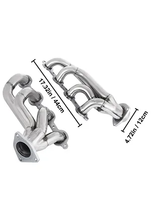 Colector de escape VEVOR con dimensiones 17,32 pulgadas x 4,72 pulgadas acabado en acero inoxidable.