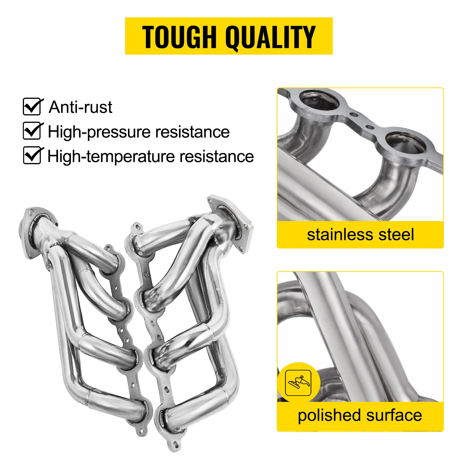 Colector de escape VEVOR con acero inoxidable pulido de alta resistencia y durabilidad.