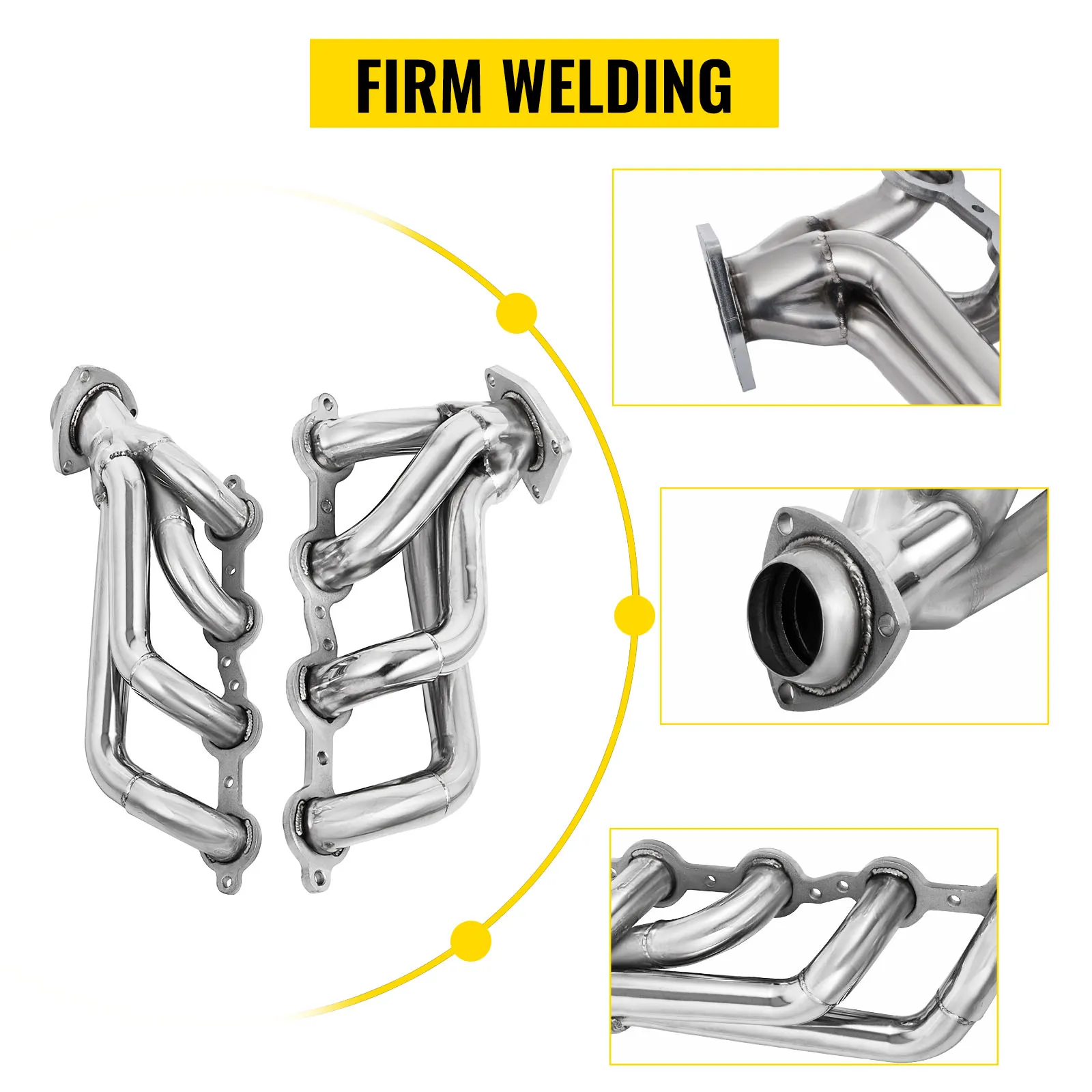Colector de escape VEVOR con soldadura firme que muestra detalles de cerca de tuberías y bridas.