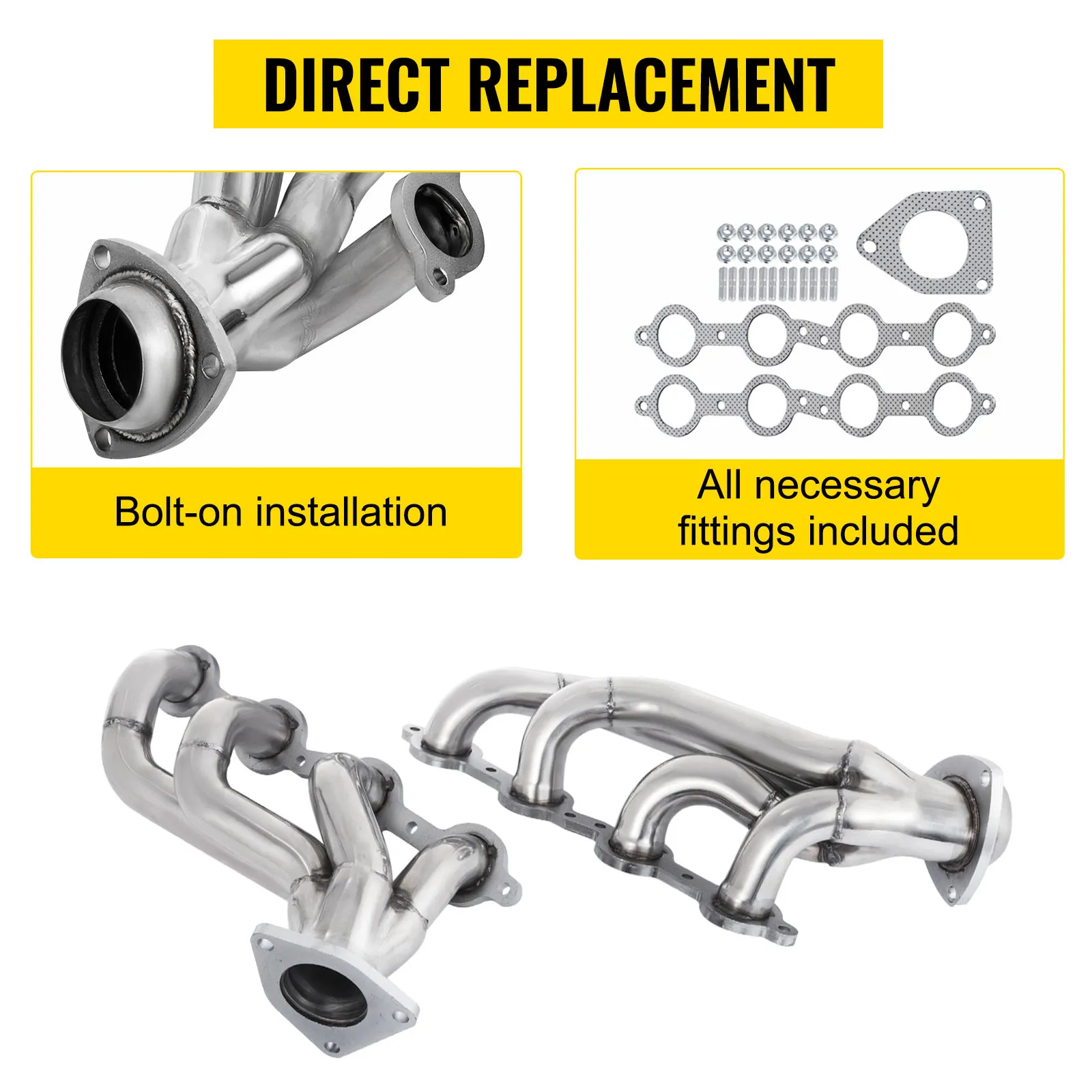 Colector de escape VEVOR con instalación atornillada y todos los accesorios necesarios incluidos.