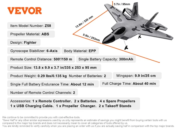 VEVOR rc vliegtuig z58, 6-assige gyro, spanwijdte 41 cm, 2 kanalen, 335x253x95 mm, abs propeller, epp body.