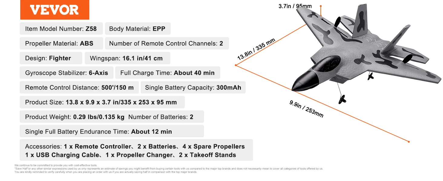 VEVOR rc vliegtuig z58, 6-assige gyro, spanwijdte 41 cm, 2 kanalen, 335x253x95 mm, abs propeller, epp body.