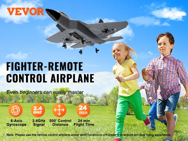 VEVOR rc-vliegtuig met een vliegtijd van 24 minuten, een besturingsbereik van 500 voet, een 6-assige gyroscoop en een signaal van 2,4 GHz.