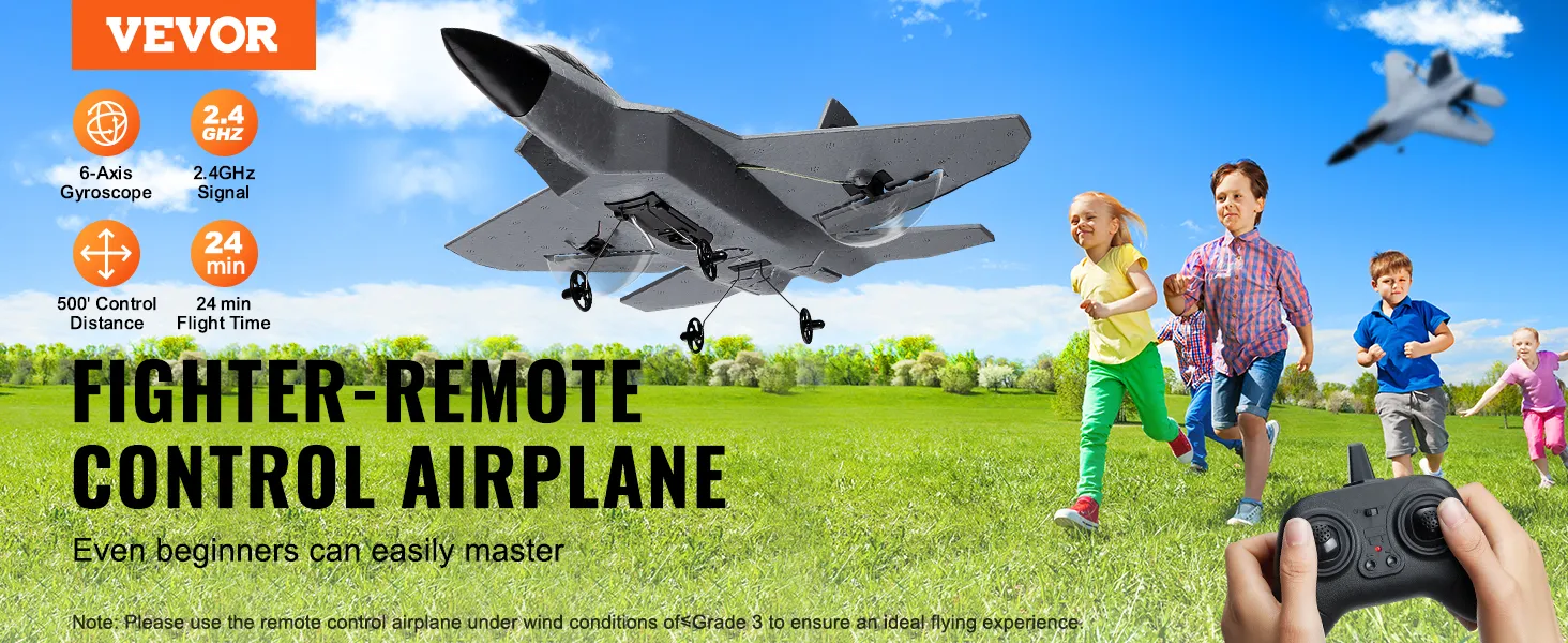 VEVOR rc-vliegtuig met een vliegtijd van 24 minuten, een besturingsbereik van 500 voet, een 6-assige gyroscoop en een signaal van 2,4 GHz.