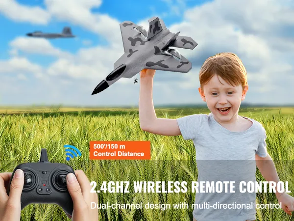 2,4 GHz draadloze afstandsbediening voor VEVOR rc-vliegtuig met een bereik van 500'/150m, dual-channel multidirectioneel.