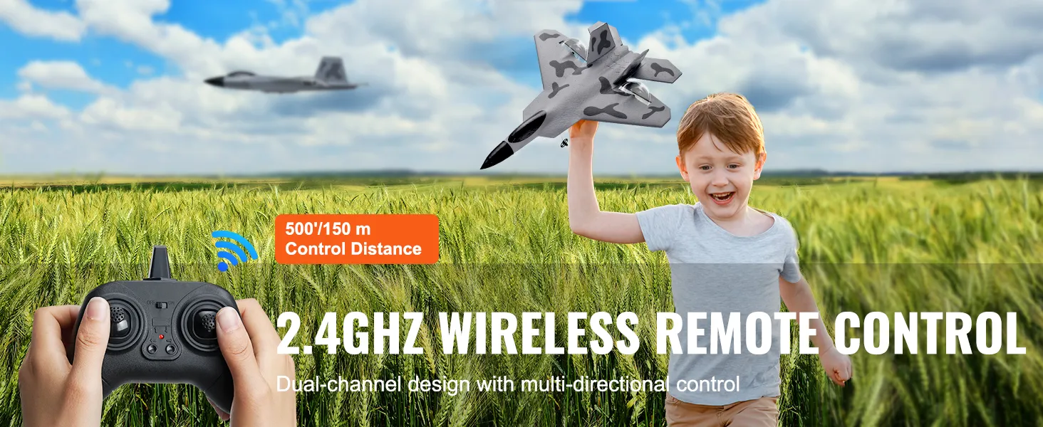 2,4 GHz draadloze afstandsbediening voor VEVOR rc-vliegtuig met een bereik van 500'/150m, dual-channel multidirectioneel.