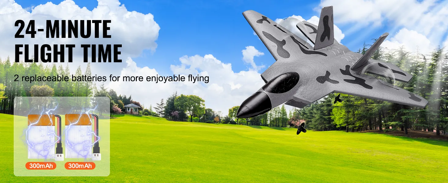 VEVOR rc-vliegtuig vliegt over een groen veld met een vliegtijd van 24 minuten en twee 300mAh-batterijen.