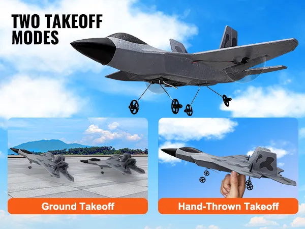 VEVOR rc-vliegtuig toont de mogelijkheid om vanaf de grond op te stijgen en met de hand op te stijgen tegen een helderblauwe lucht.