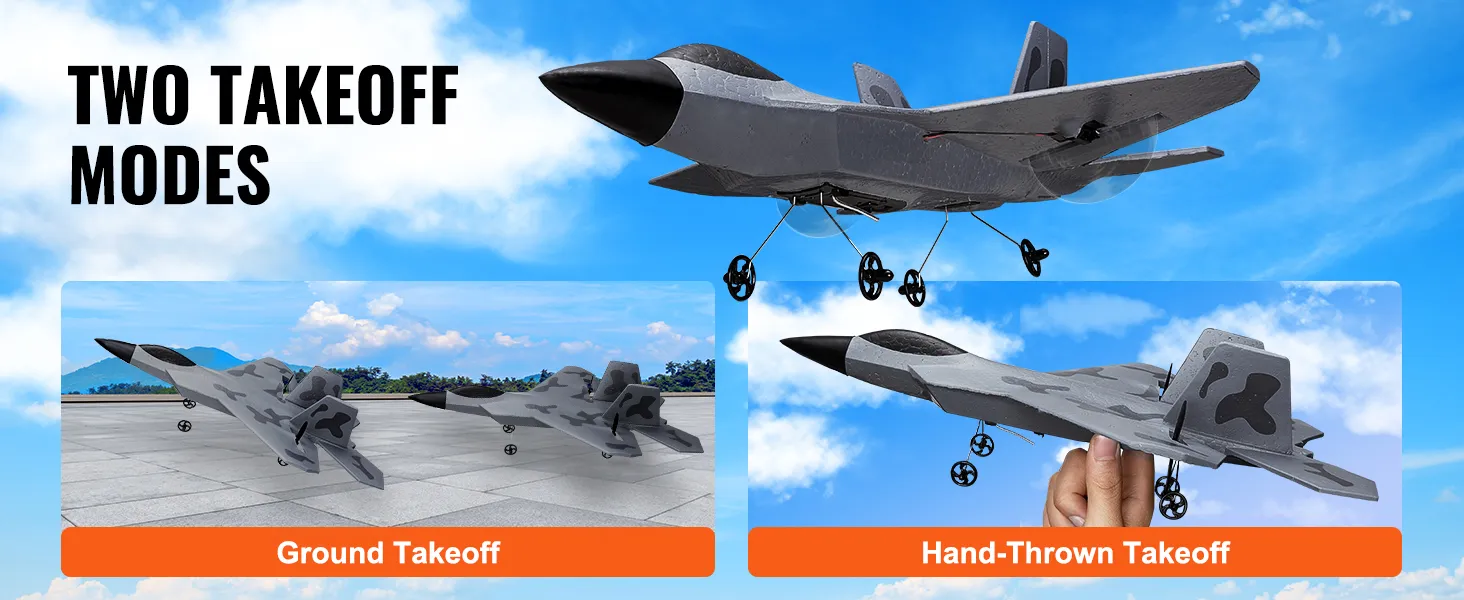 VEVOR rc-vliegtuig toont de mogelijkheid om vanaf de grond op te stijgen en met de hand op te stijgen tegen een helderblauwe lucht.