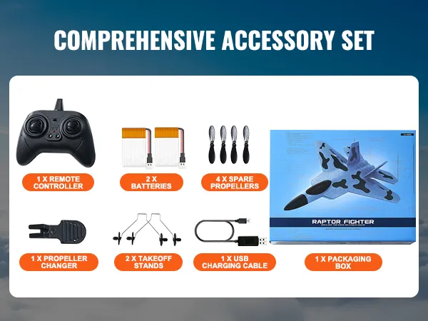 Uitgebreide accessoireset voor VEVOR rc-vliegtuig: afstandsbediening, batterijen, propellers, verpakkingsdoos.