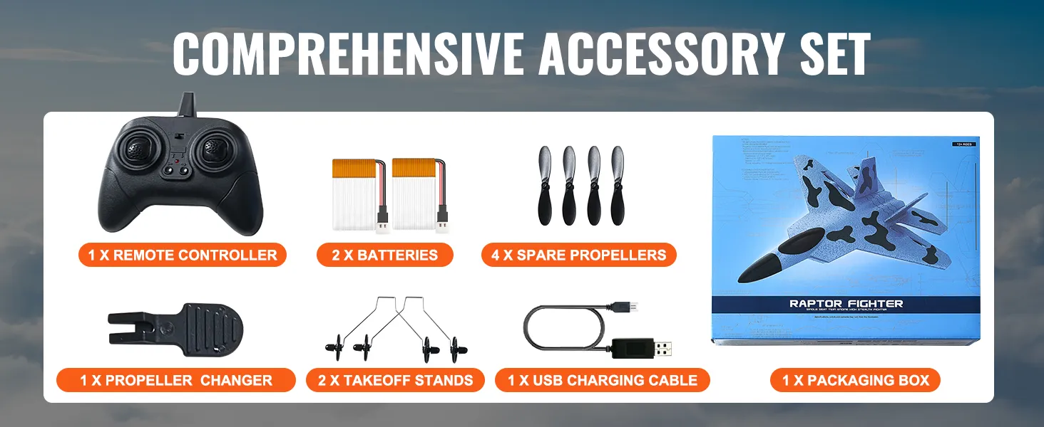 Uitgebreide accessoireset voor VEVOR rc-vliegtuig: afstandsbediening, batterijen, propellers, verpakkingsdoos.