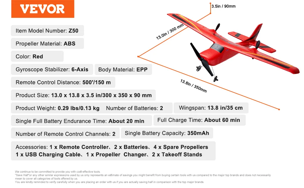 Aereo RC VEVOR Z50, rosso, apertura alare 13,8 pollici, elica ABS, giroscopio a 6 assi, autonomia 500 piedi, batteria da 350 mAh.