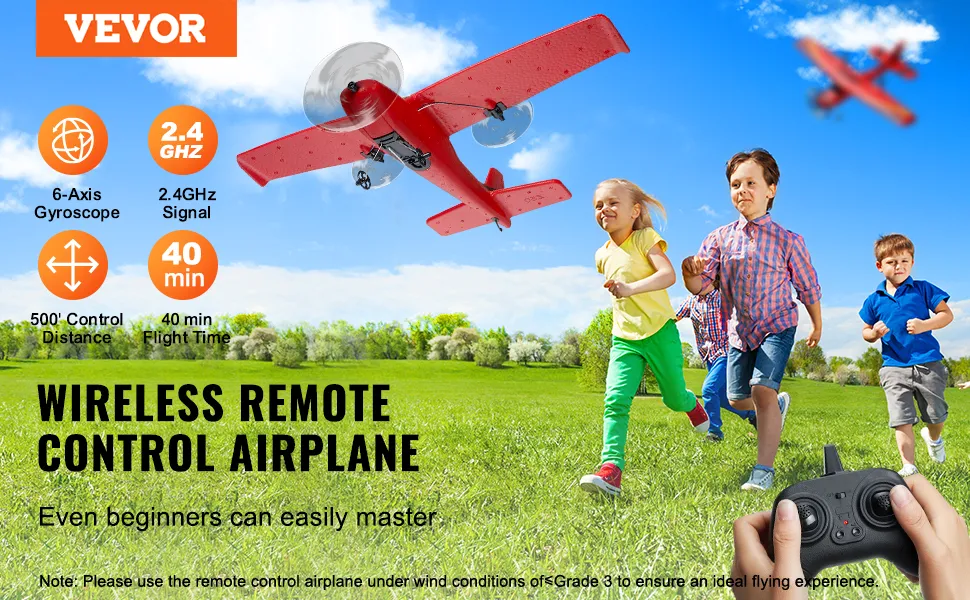 L'aereo RC VEVOR vola sopra i bambini che giocano sull'erba, mostrando le funzioni del telecomando wireless.