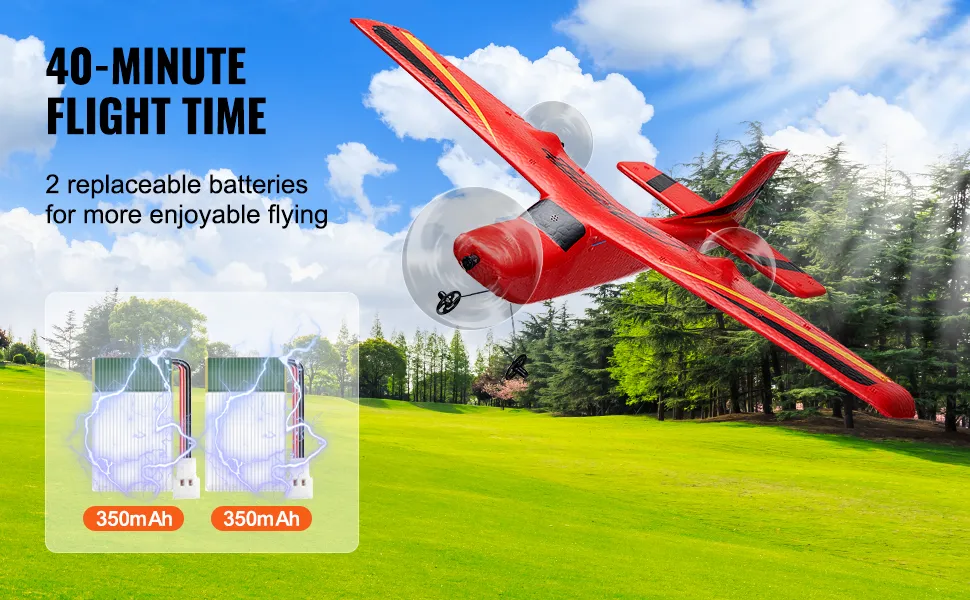 Aeroplano RC VEVOR rosso che vola su un campo verde con 40 minuti di volo e 2 batterie sostituibili da 350 mAh.