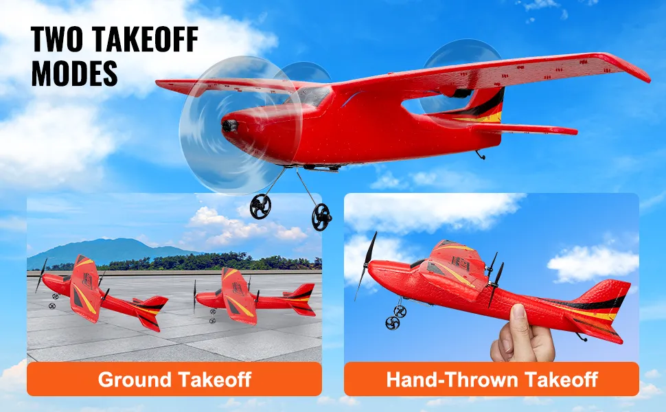 Aereo RC VEVOR rosso che mostra due modalità di decollo: decollo da terra e decollo lanciato a mano.