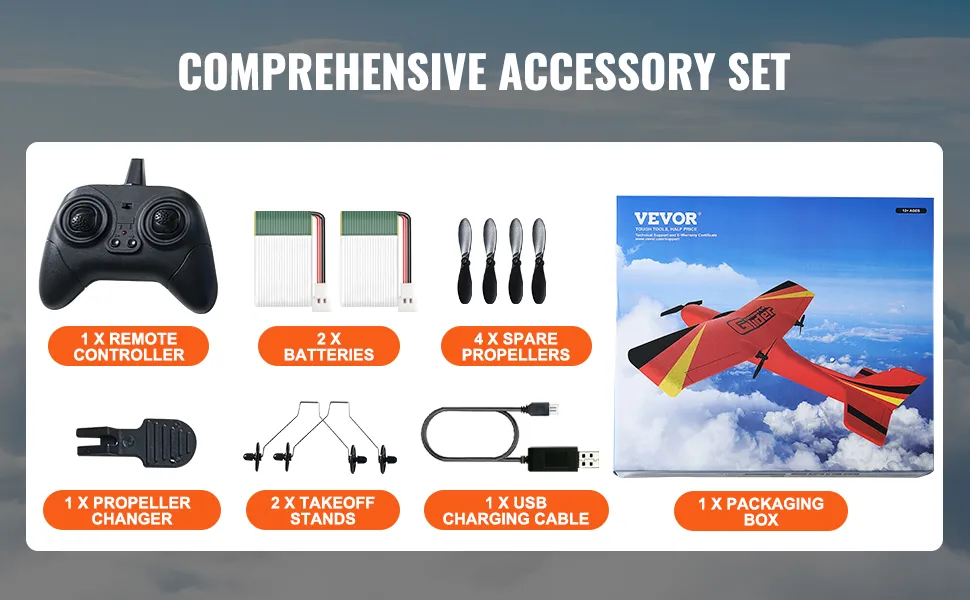 Set di accessori per aeroplani RC VEVOR con telecomando, batterie, eliche, supporti e caricabatterie.