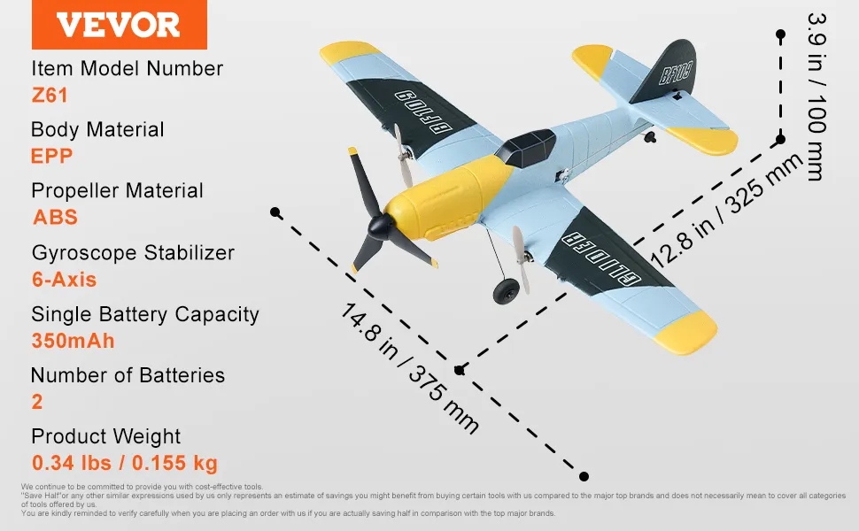 VEVOR RC-Flugzeug Z61 mit 6-Achsen-Gyroskop, EPP-Karosserie und ABS-Propeller, 14,8 Zoll Länge.