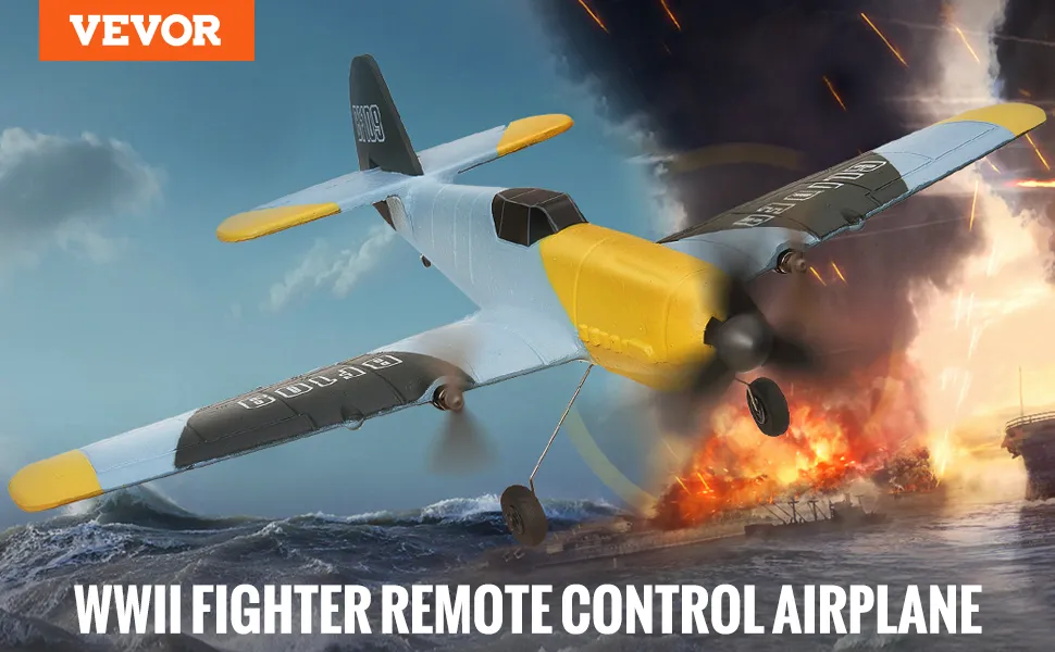 VEVOR RC-Flugzeug – Kampfflugzeug aus dem Zweiten Weltkrieg mit gelber Nasenspitze und Tarndesign in einer explosiven Kampfszene.