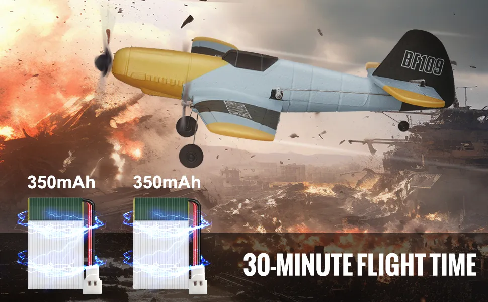 VEVOR RC-Flugzeug schwebt über einem Schlachtfeld mit 350-mAh-Batterien und 30-minütiger Flugzeit.