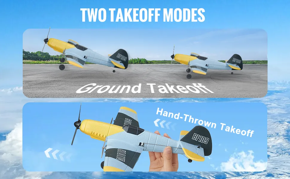 VEVOR RC-Flugzeug mit zwei Startmodi: Boden und Handwurf, Himmelshintergrund.