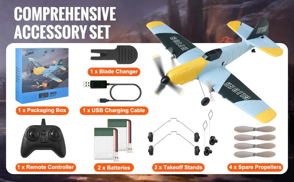 VEVOR RC-Flugzeug-Zubehörset mit Verpackungsbox, Rotorblattwechsler, USB-Kabel, Fernbedienung, Batterien, Startständern und Ersatzpropellern.