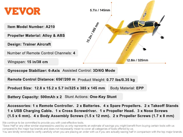 VEVOR rc-vliegtuig met 6-assige gyroscoop, 4-kanaals afstandsbediening en propellers van aluminiumlegering. Afmetingen: 12,8 x 15,2 inch.