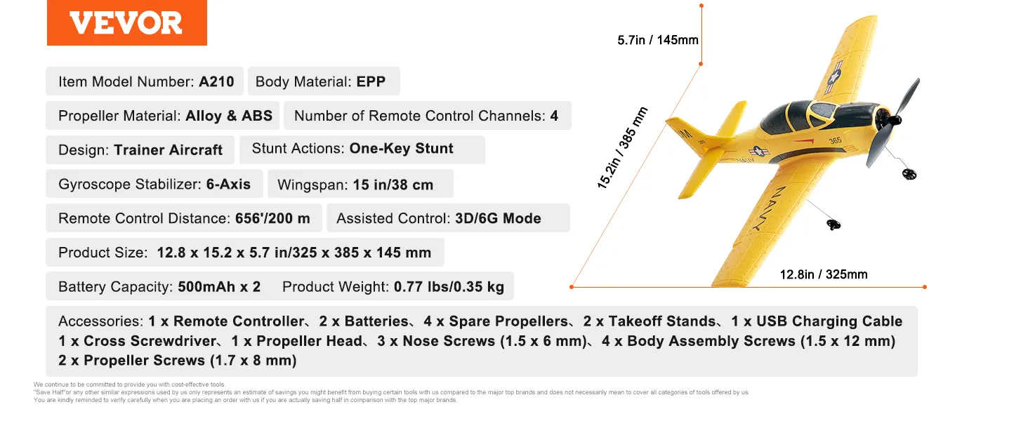 VEVOR rc-vliegtuig met 6-assige gyroscoop, 4-kanaals afstandsbediening en propellers van aluminiumlegering. Afmetingen: 12,8 x 15,2 inch.