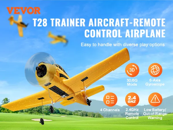 VEVOR rc-vliegtuig, een adelaarsvormig vliegtuig met afstandsbediening in de vlucht over een groen veld met blauwe lucht.