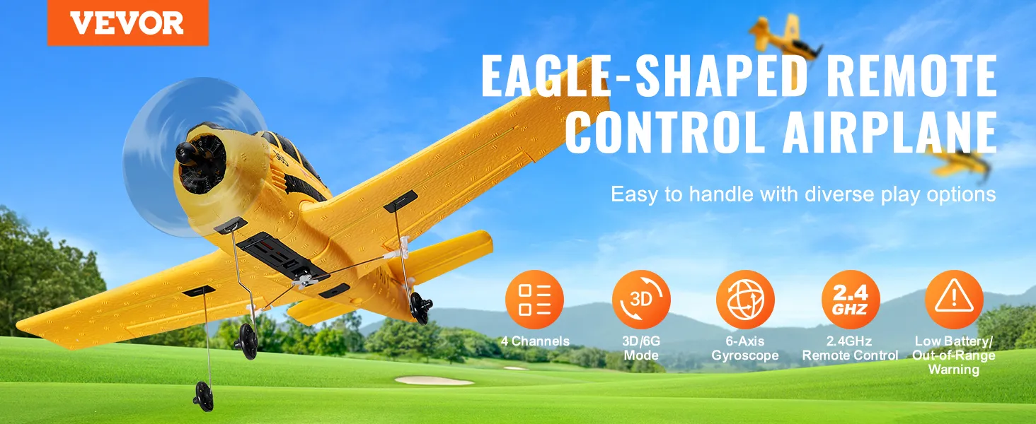 VEVOR rc-vliegtuig, een adelaarsvormig vliegtuig met afstandsbediening in de vlucht over een groen veld met blauwe lucht.