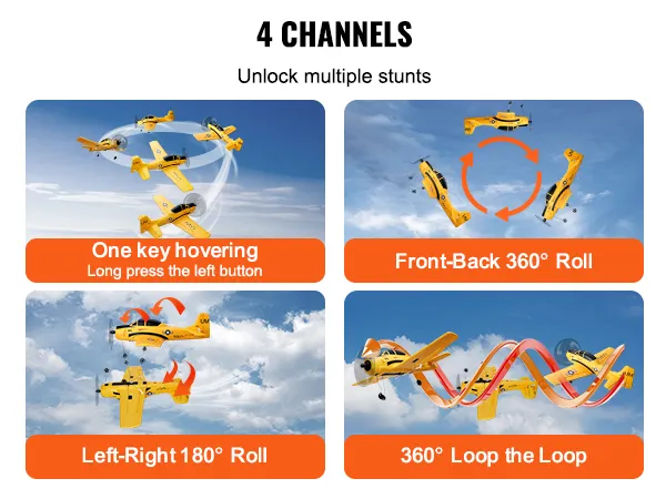 4 kanalen van het VEVOR rc-vliegtuig met zweefvluchten, voor-achter-rollen, links-rechts-rollen en loopings.