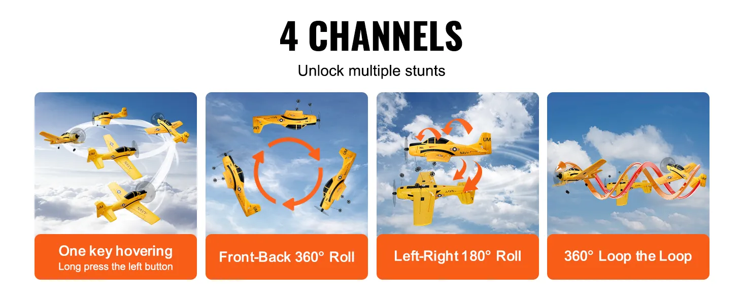 4 kanalen van het VEVOR rc-vliegtuig met zweefvluchten, voor-achter-rollen, links-rechts-rollen en loopings.