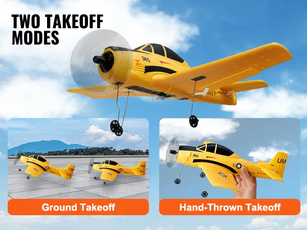 twee gele VEVOR rc-vliegtuigen demonstreren opstijgen vanaf de grond en opstijgen met de hand tegen een blauwe lucht.