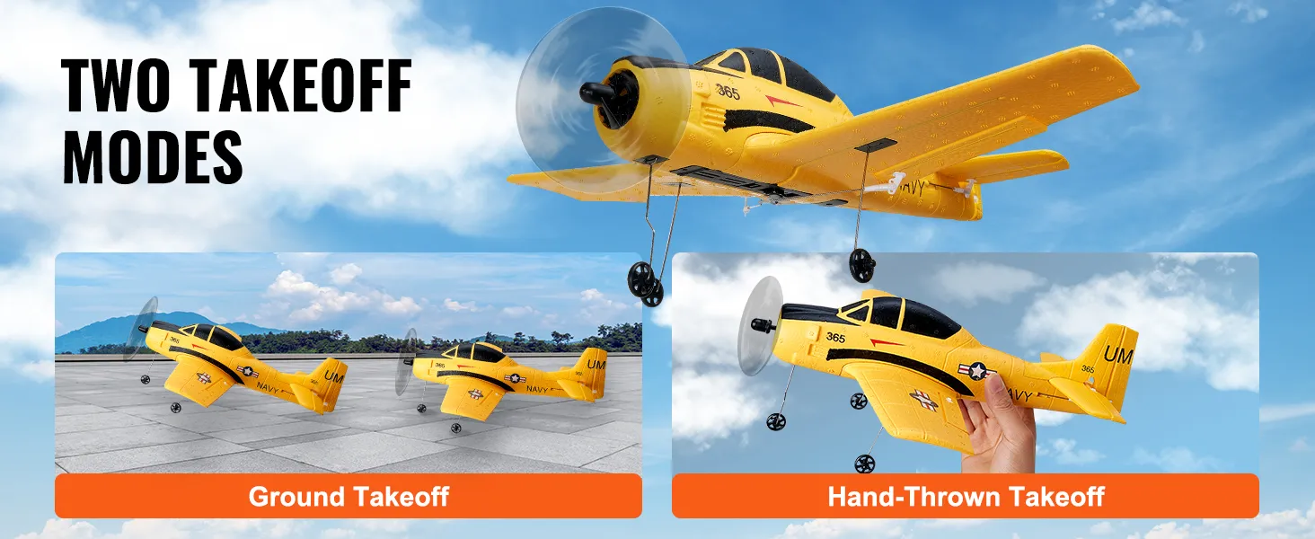 twee gele VEVOR rc-vliegtuigen demonstreren opstijgen vanaf de grond en opstijgen met de hand tegen een blauwe lucht.