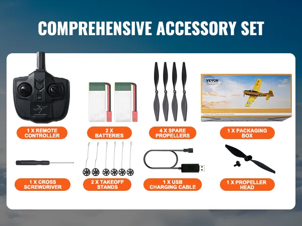 Uitgebreide accessoireset voor VEVOR rc-vliegtuig: afstandsbediening, batterijen, propellers, schroevendraaier.