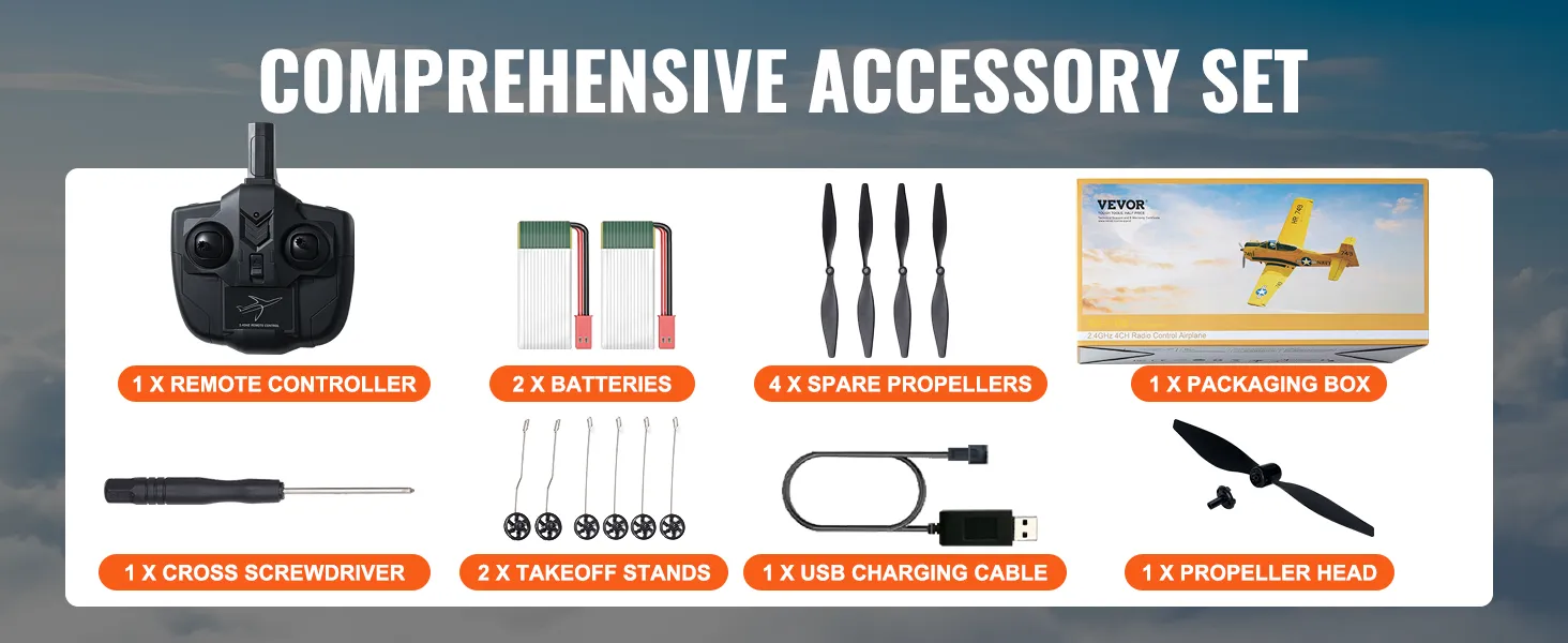 Uitgebreide accessoireset voor VEVOR rc-vliegtuig: afstandsbediening, batterijen, propellers, schroevendraaier.