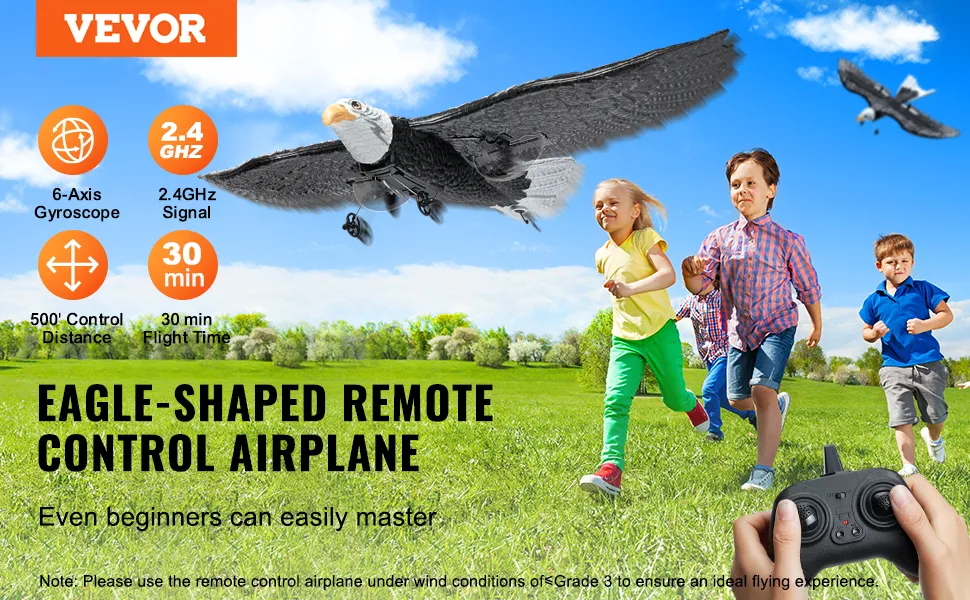 Aereo radiocomandato VEVOR: bambini che inseguono un aereo telecomandato a forma di aquila in un parco soleggiato con cielo limpido.