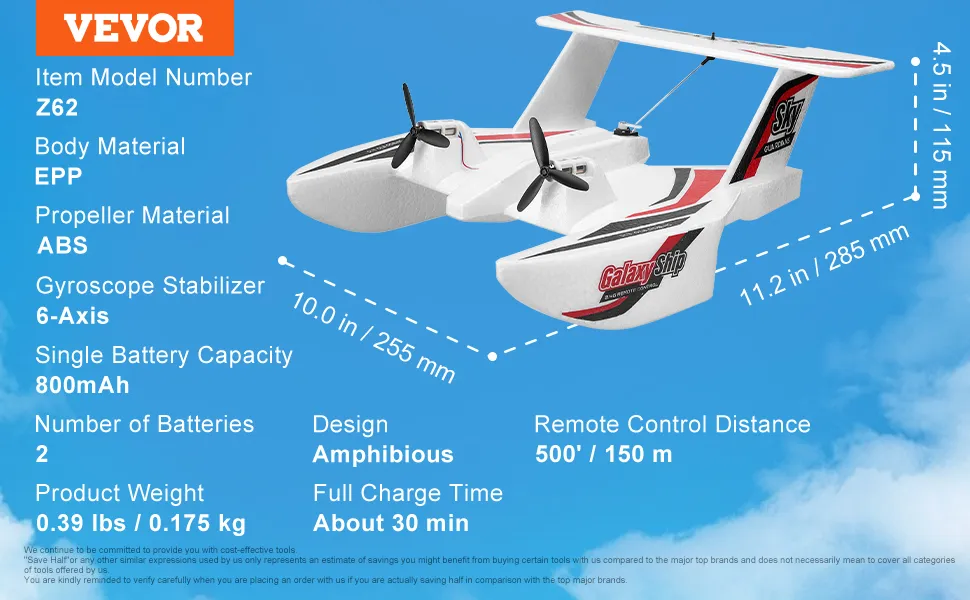 VEVOR RC letadlo, 2,4 GHz 3 kanálové letadlo na dálkové ovládání s 6osým gyroskopickým stabilizátorem, připravené k letu, obojživelné letadlo, hračka s 2 bateriemi, snadno ovladatelný RC kluzák pro dospělé, děti, začátečníky, chlapce