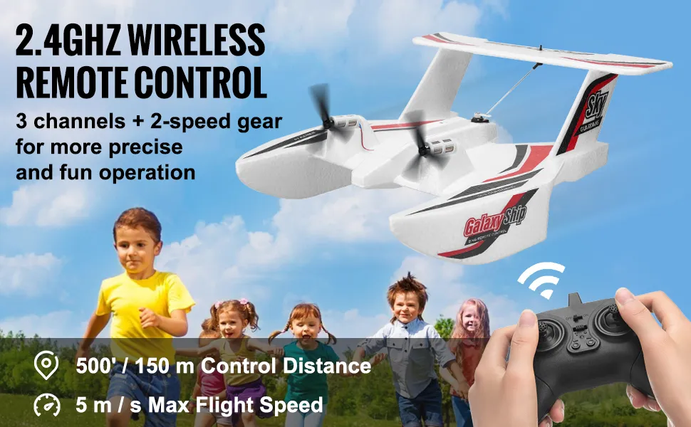 Aereo RC VEVOR telecomandato senza fili da 2,4 GHz, portata 150 m, velocità 5 m/s, per bambini che giocano all'aperto.