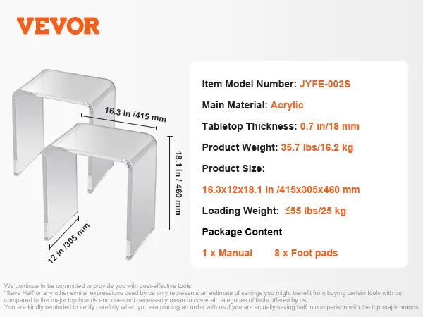 VEVOR Beistelltisch aus Acryl mit Hauptmaterial Acryl, Größen 16,3 x 12 x 18,1 Zoll und 12 x 18,1 Zoll.
