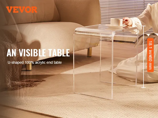 VEVOR Beistelltisch aus Acryl im Wohnzimmer, U-förmiges klares Design, Maße 18,1 Zoll/460 mm, lesende Frau.