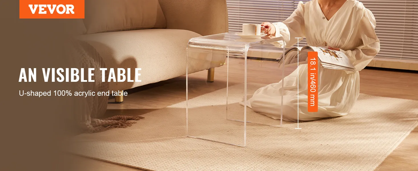 VEVOR Beistelltisch aus Acryl im Wohnzimmer, U-förmiges klares Design, Maße 18,1 Zoll/460 mm, lesende Frau.