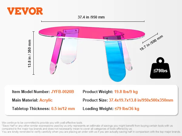 Mesa de centro de acrílico VEVOR, 37,4 x 19,7 x 13,8 pulgadas, 19,8 libras, material principal acrílico, soporta hasta 79 libras.