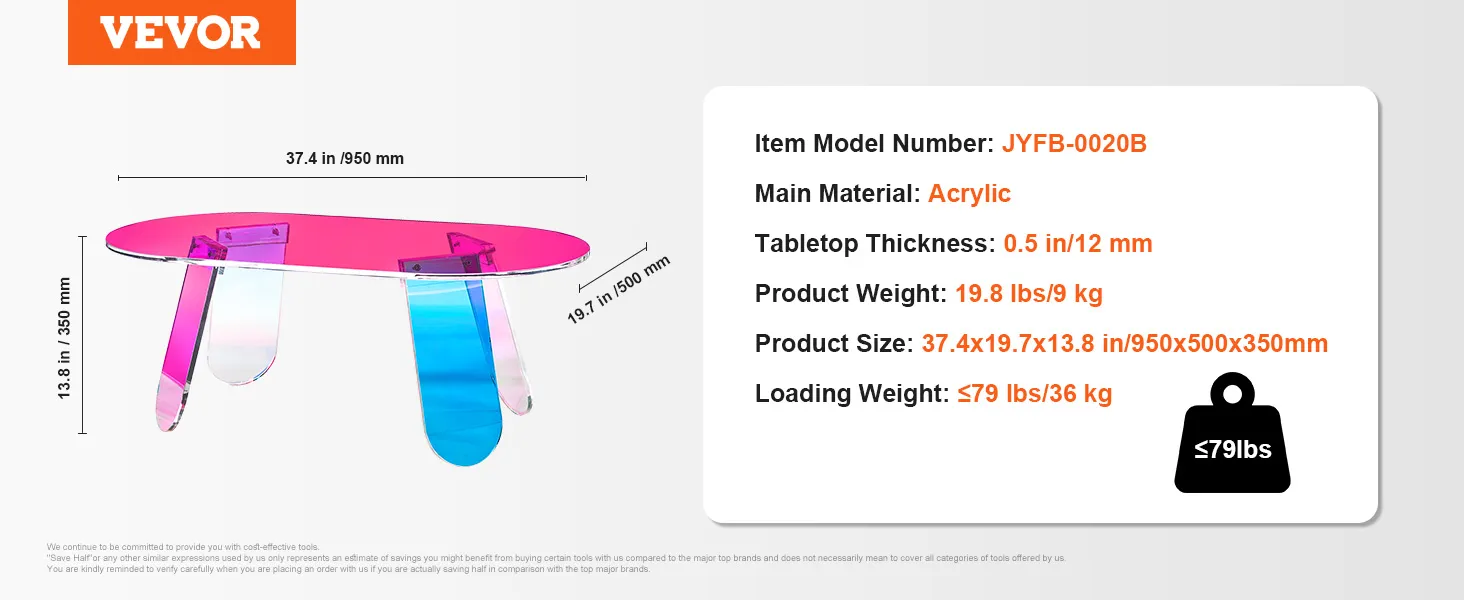 Mesa de centro de acrílico VEVOR, 37,4 x 19,7 x 13,8 pulgadas, 19,8 libras, material principal acrílico, soporta hasta 79 libras.